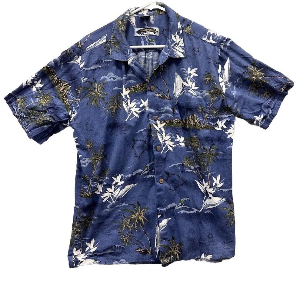 Vintage Hawaiiian Camp Shirt Mens XL Short Sleeve Palm Tree Hawaii Palmwave